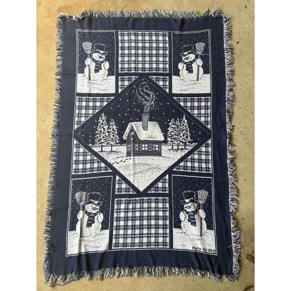 VTG Christmas Snowmen Cabin MWW 1992 Tapestry Blanket Afghan Throw Blanket